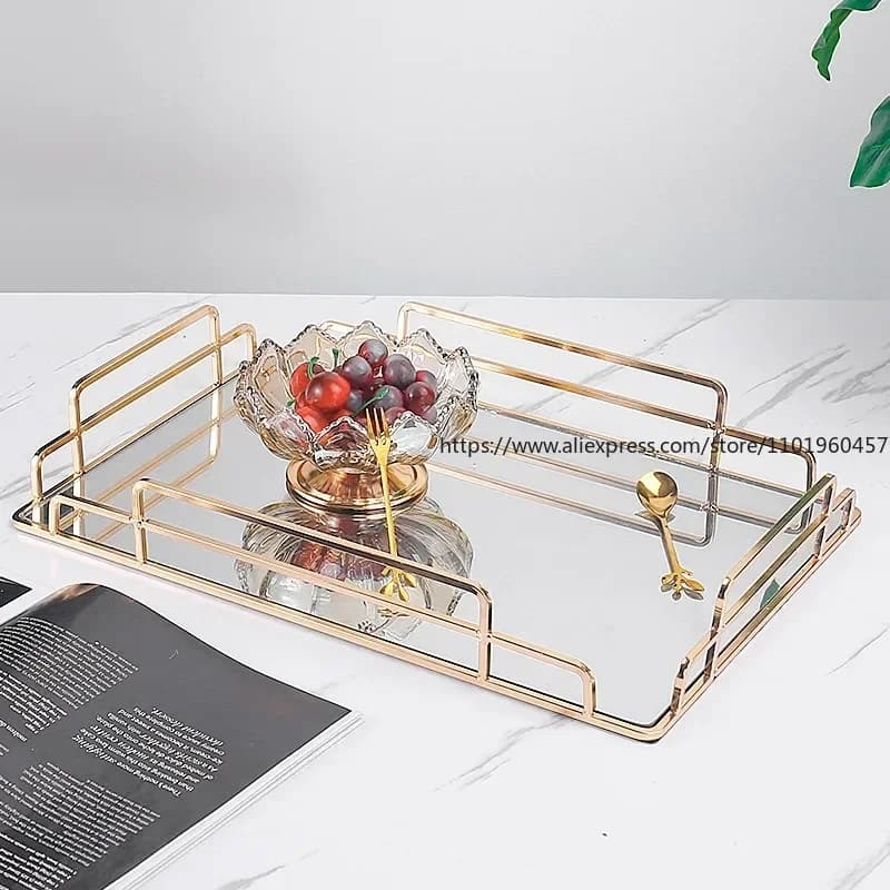 Golden Stroke Glass Mirror Rolling Tray Nordic Large Rectangle Tea Cup Wine Set tavolino vassoi Organizer decorativo cucina