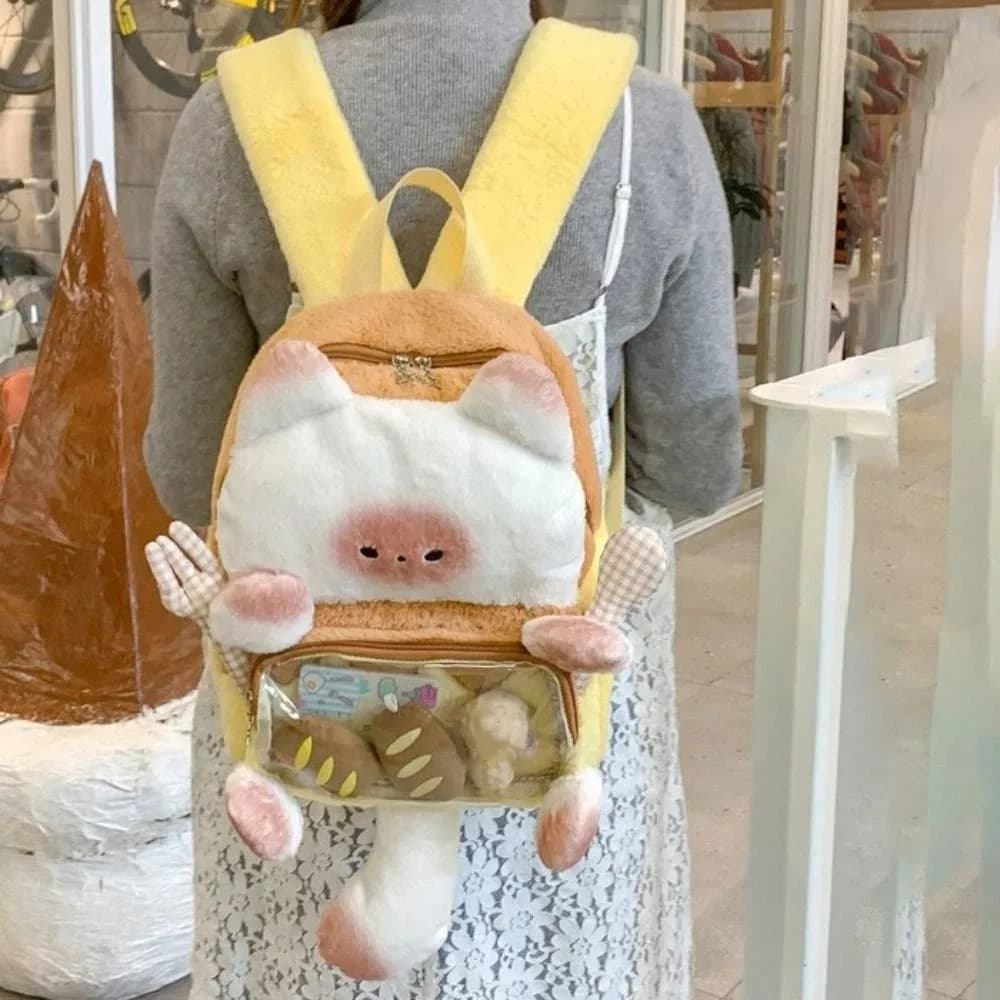 Zaino Peluche Gatto Harajuku Kawaii, Carino Zaino Trasparente a Forma di Pane, Morbido e Soffice, Borsa Scolastica per Studenti, Uso Casual