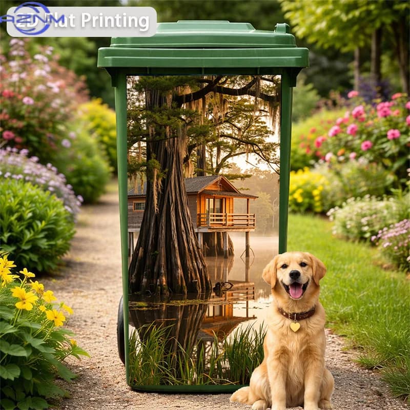 Trash Can Sticker Waterside Forest Cabin Themed Design Self-Adhesive Wall Decal Wallpaper for Kitchen Trash Can Decoration, Su