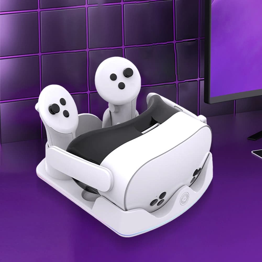 Stazione di Ricarica per Meta Quest 3S VR con Luce RGB, Supporto per Visore e Supporto per Controller
