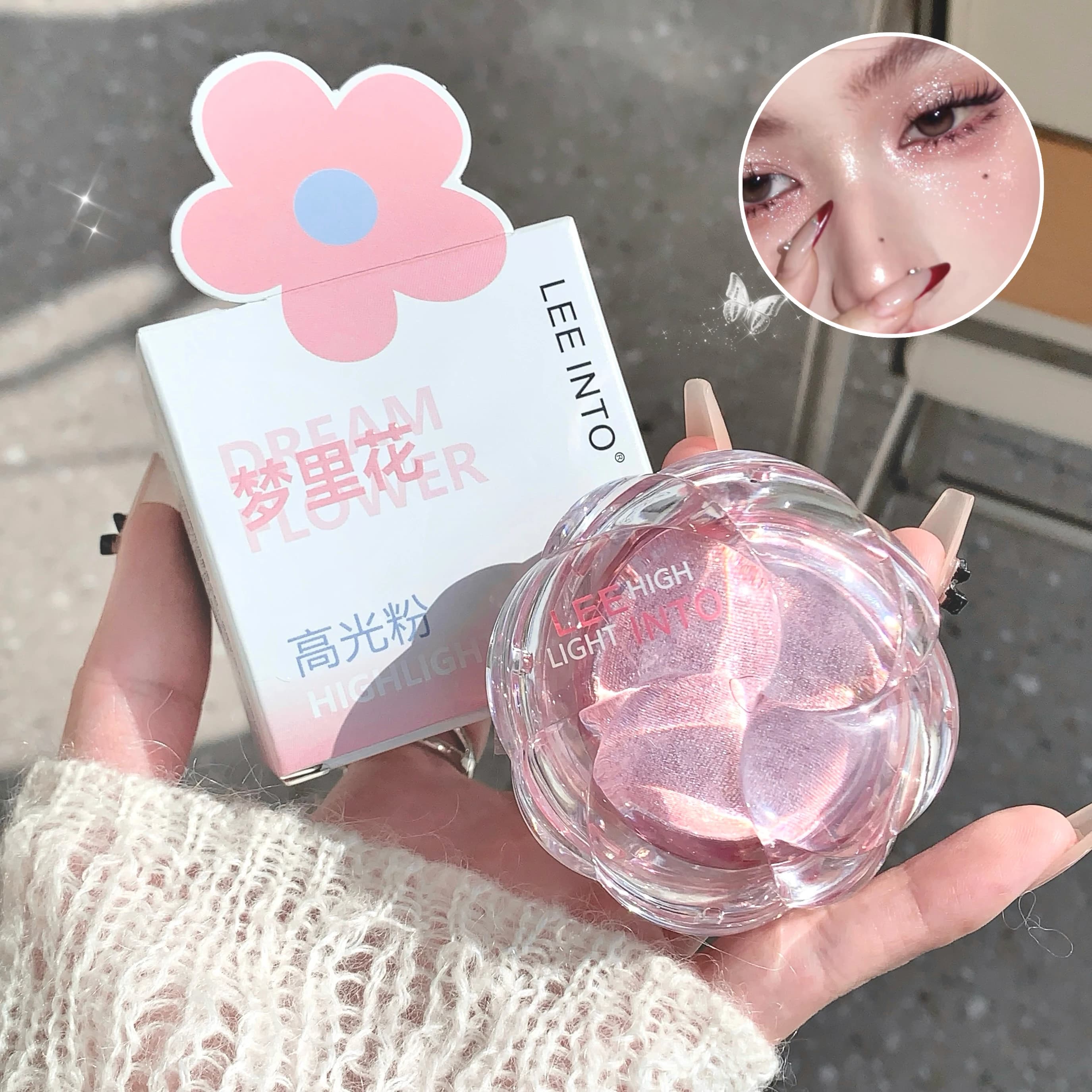 LEE INTO Dream Flower Highlight Powder Illumina e contorni Glitter perlescenti Nessuna polvere volante