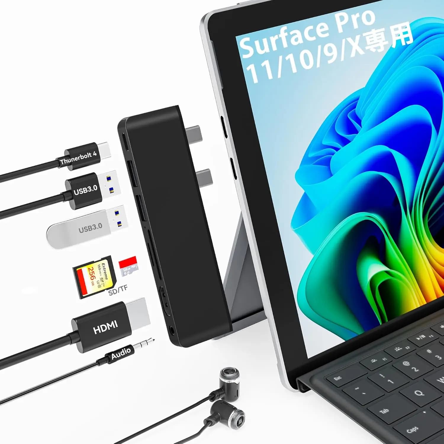 Adatto per Surface Pro 9,10,11, stazioni d'accueil X, 7 in 1 con porta HDMI 4K Ricarica USB-C da 100 W, lettore di schede SD TF, hub 7 in 1