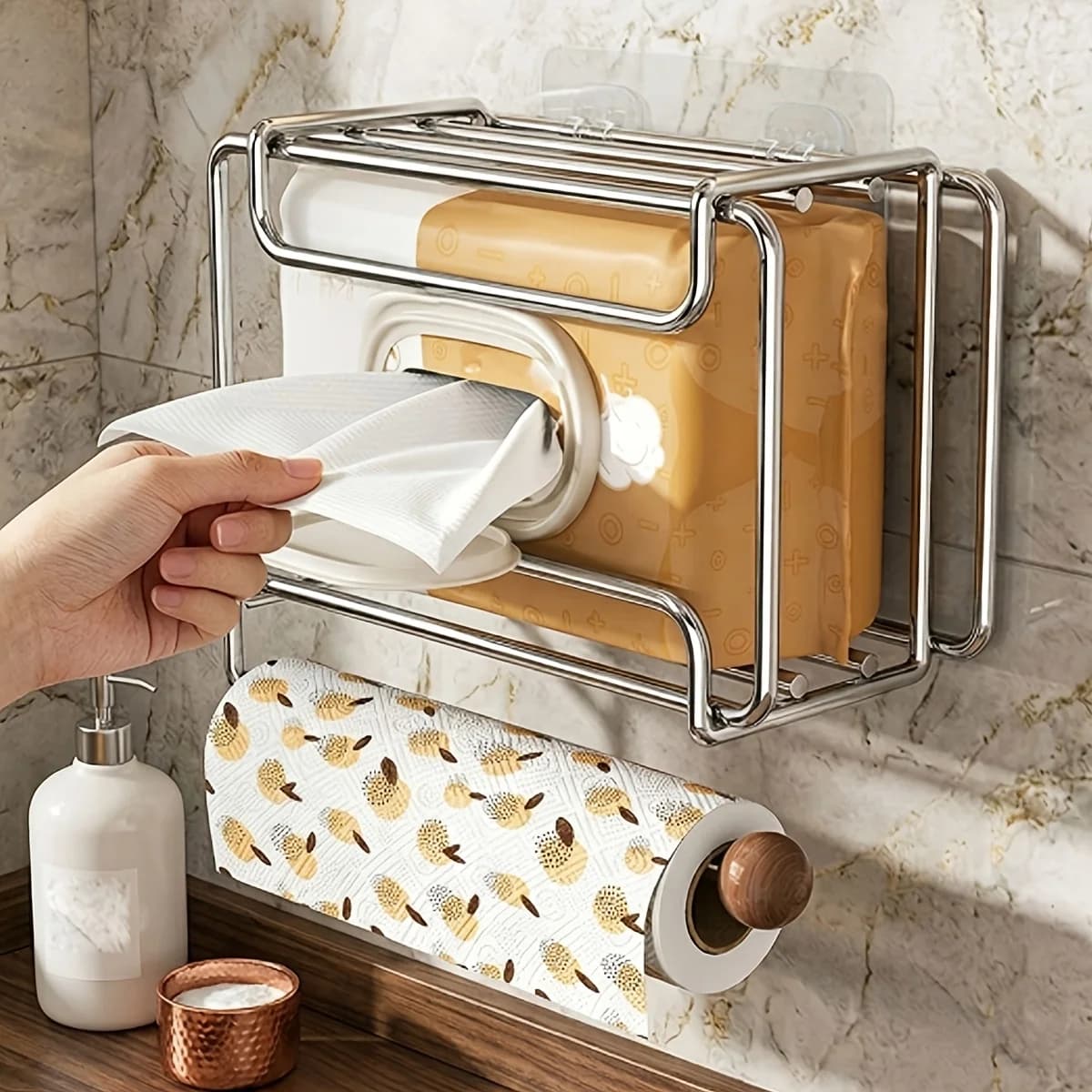 1pc Wall-Mounted Stainless Steel Wet Wipes Holder, No Drill Tissue Dispenser with Towel Bar, Space Saving Organizer for Bathroom