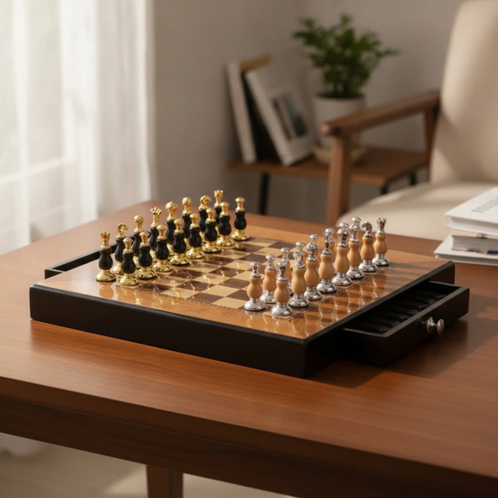 Chess Set with Drawers Glossy Chess Board with Drawers Chessboard Ornate Strategy Game Luxury for Collectors, Study, Living Room