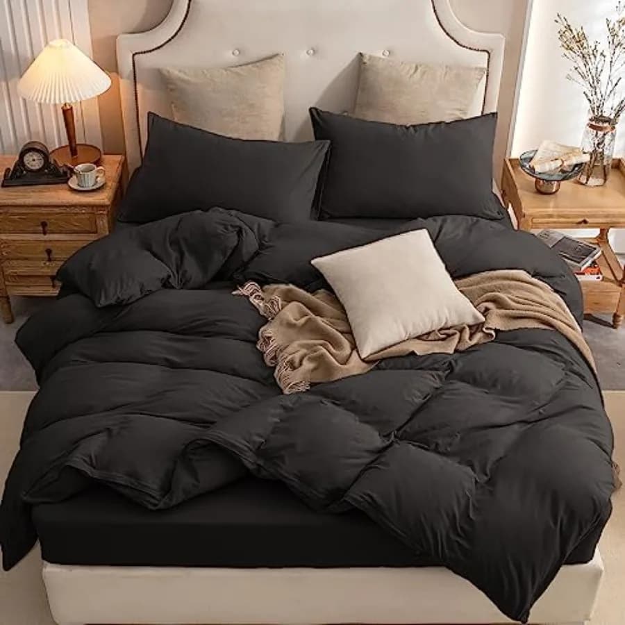 Set Copripiumino in Maglia Jersey 100% Cotone T-Shirt Super Morbido e Confortevole, Set Biancheria da Letto 3 Pezzi con Chiusura a Cerniera, Nero Tinta Unita