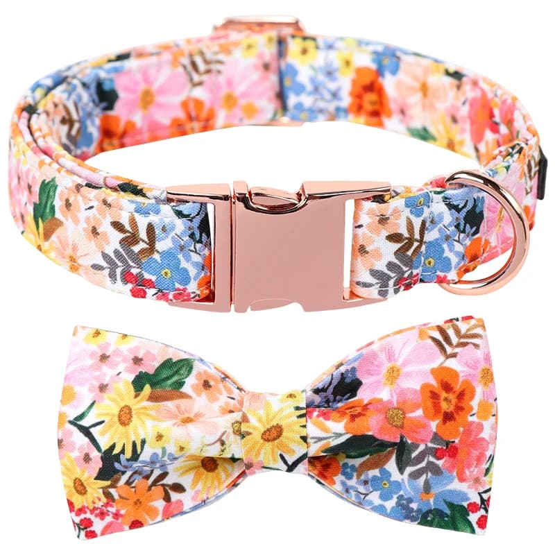 Unico Set di collare per cani e gatti con fiore primaverile estivo con papillon collana per cuccioli personalizzata personale XS-XL