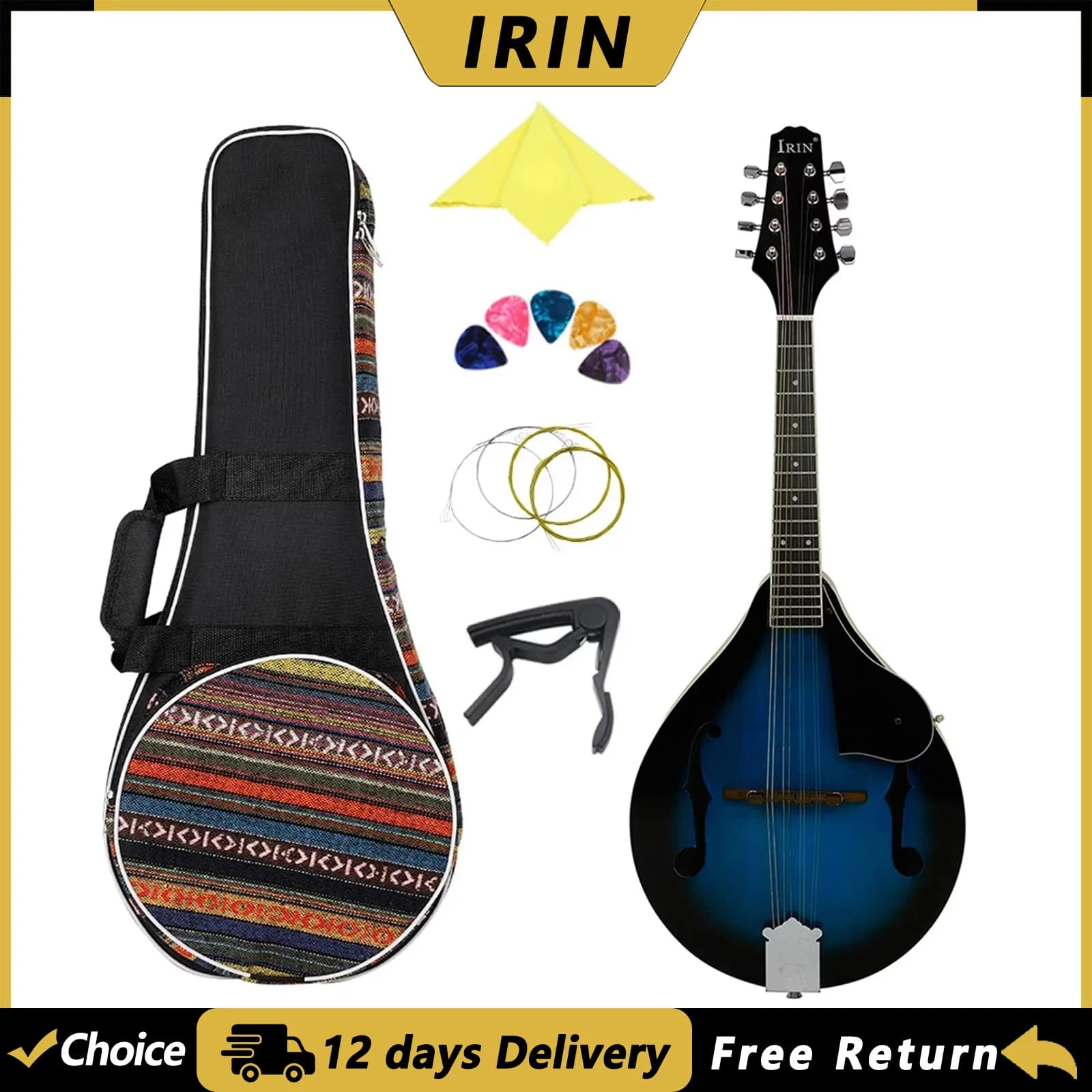 IRIN 8 Strings Mandolin Guitar Basswood Body A Style Acoustic Mandolin Guitarra with Bag Picks Capo Guitar Parts & Accessories