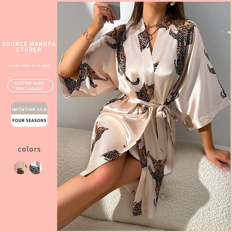 Sexy casual loungewear simple fashion cardigan lace-up bathrobe women's imitation silk nightgown pajamas