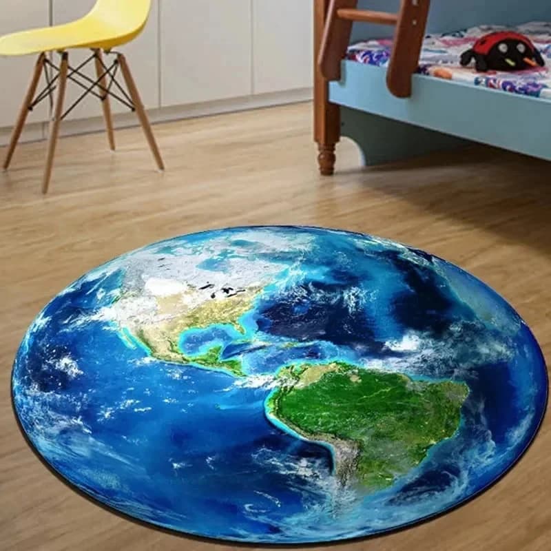 VIKAMA 3D Realistic Earth Round Area Rug, Blue Planet Print Non-Slip Floor Mat for Living Room, Bedroom & Kids Room