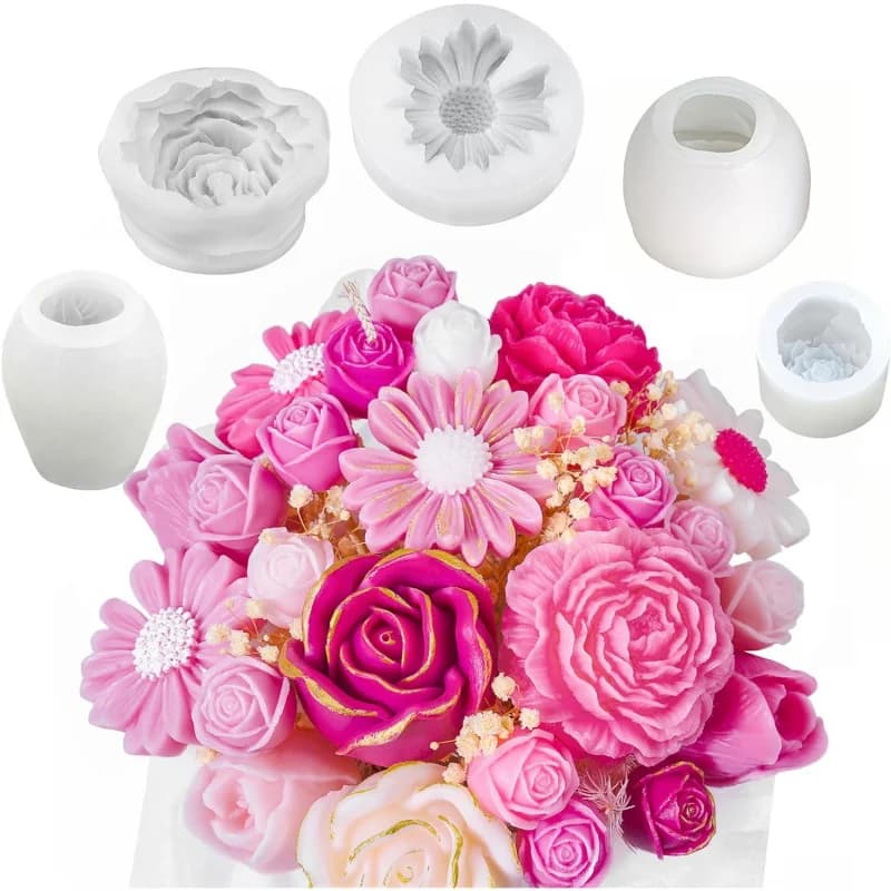 Set di 5 stampi per candele a forma di fiore, stampo in silicone floreale 3D, utilizzato per la creazione di candele, stampo per fiore margherita, peonia, rosa, tulipano