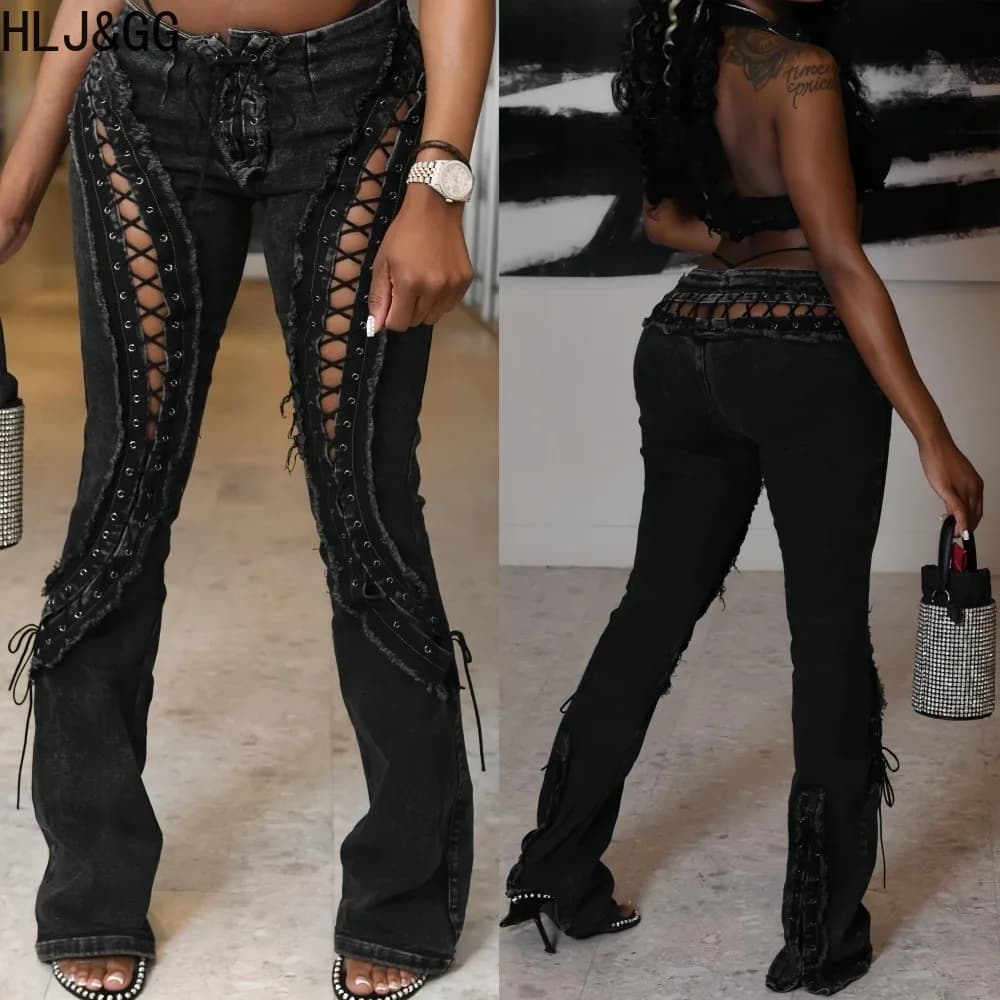 HLJ Y2K Sexy Zampa Jeans with Women's Laces, Low Waist Gothic Pants Elasticized with Cut-out Details, Jeans Skinny in Denim, Women's Streetwear Pants 2026