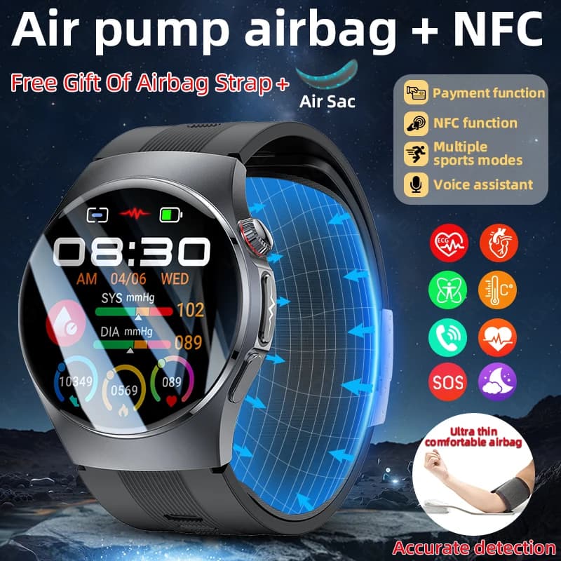Health Monitor Smart Watch Air Pump Airbag Accurate Detection Blood Oxygen Pressure Body Temperature ECG Smartwatch NFC 2026 New