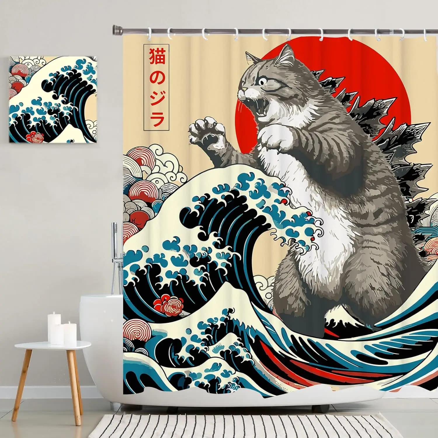Tenda da doccia per gatti giapponesi, arte dell'onda del tramonto anime vintage, tessuto impermeabile con ganci