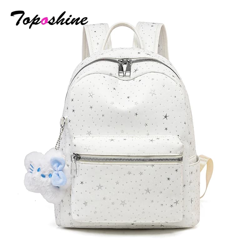 Zaino Toposhine Sweet Star Bianco Leggero in Nylon con Ciondolo Peluche per Ragazze Adolescenti e Studentesse, Borse Stile Preppy