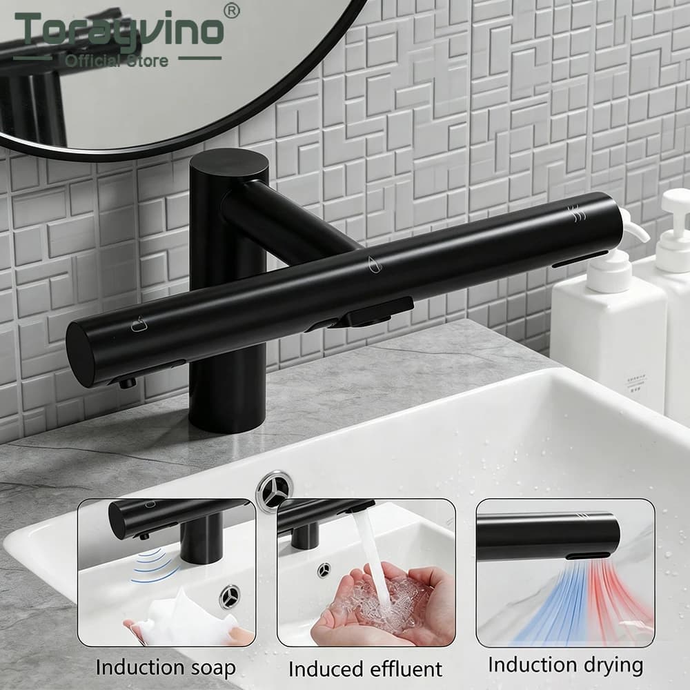 Rubinetto da Bagno Torayvino Nero con Asciugamani Elettrico 3 in 1, Dispenser Automatico di Sapone, Potente Asciugamani ad Aria