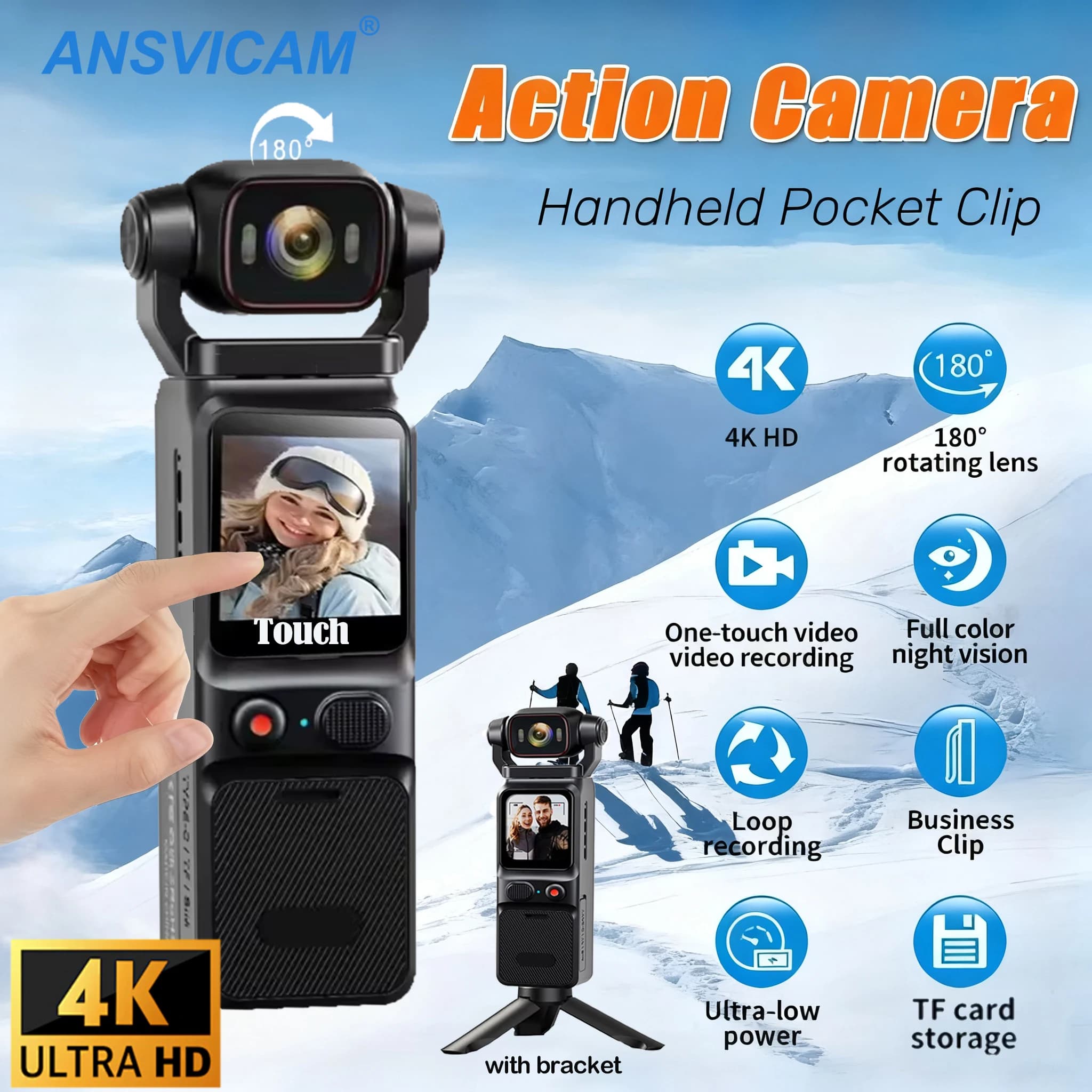 Telecamera tascabile touchscreen 4K WIFI DV da esterno 180 ° Stabilizzazione ruotabile Sport BodyCam Piccolo videoregistratore Digital Vlog Cam