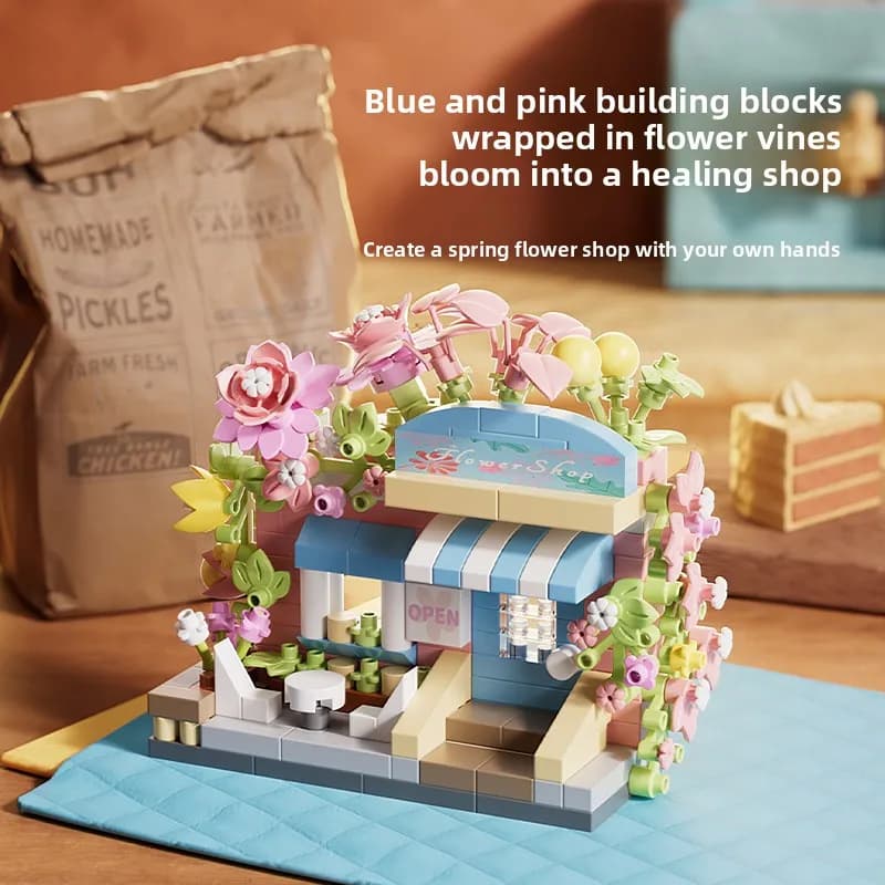 NUOVO Kit di Costruzioni Mini City Street View: Negozio di Fiori, Cibo e Casa - Mattoncini da Assemblare per Decorazioni Domestiche, Giocattolo Educativo per Bambine e Bambini