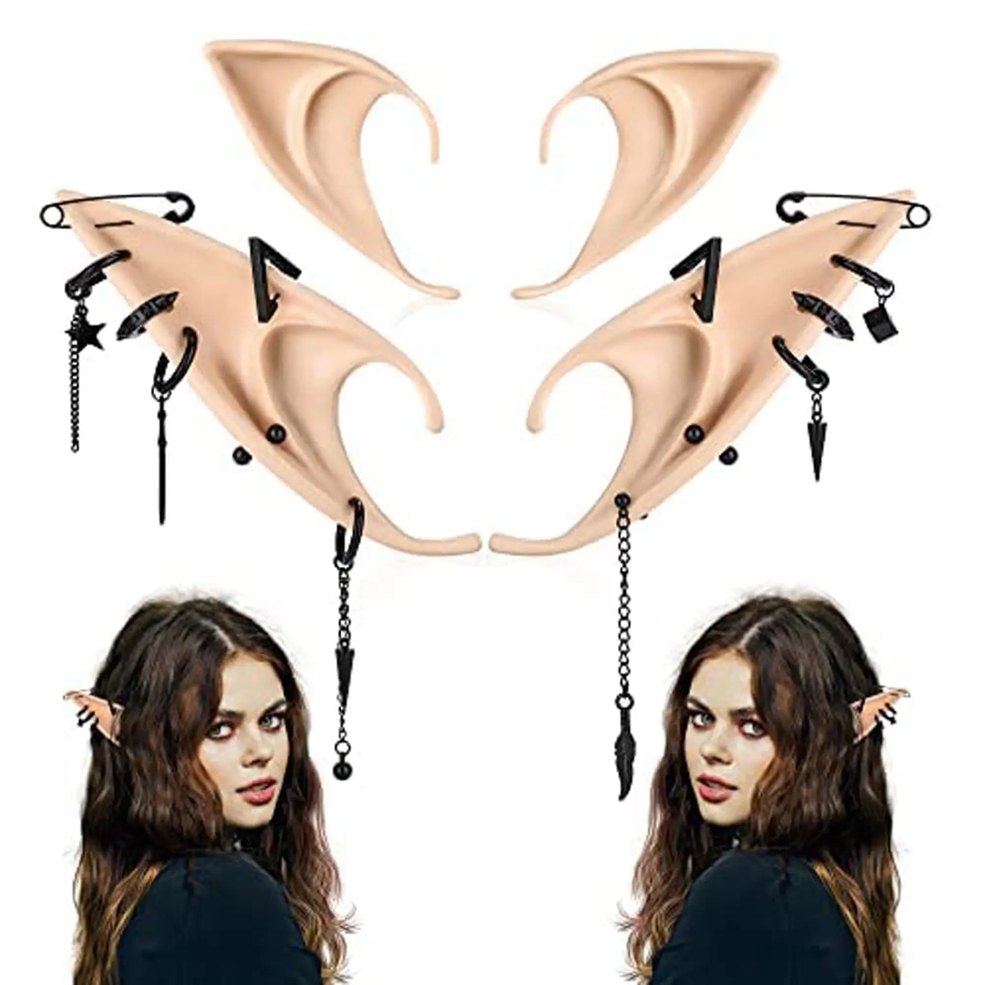 2-14pcs in acciaio inossidabile Punk Dangle Hoop Piercing Orecchini con orecchie Fairy Elf per donne Uomini Unisex Halloween Cosplay Foto Prop
