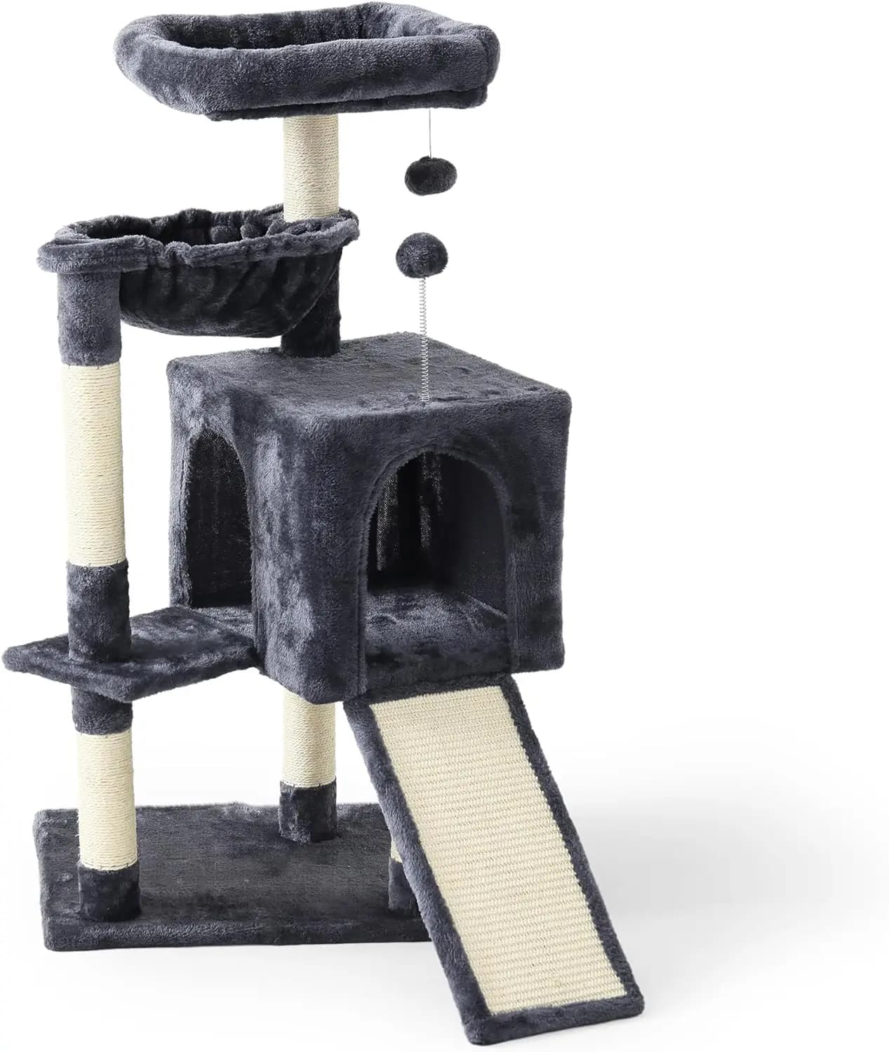 Torre per Gatti da 37 Pollici con Cuccia Multi-Livello, Tiragraffi, Grotta per Gatti con 2 Porte, Grigio