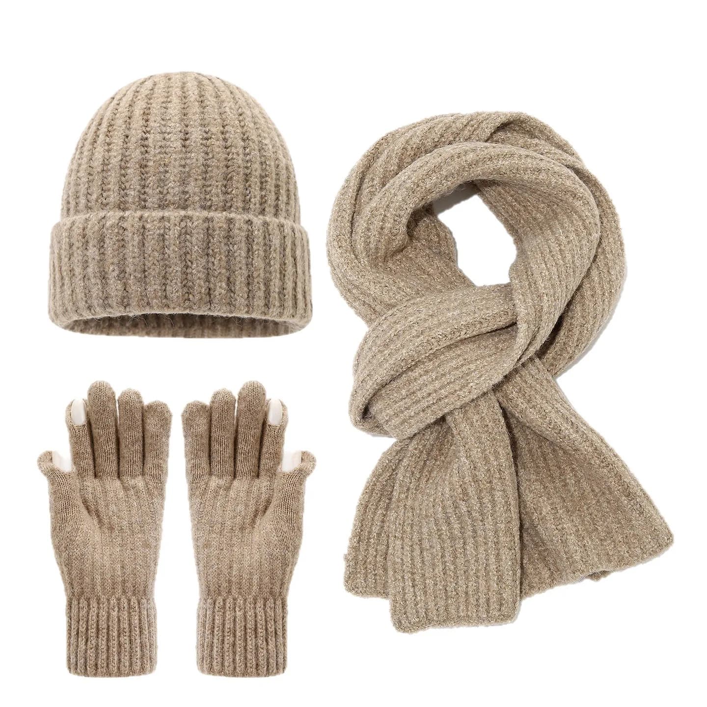 Women's knitted hat scarf gloves Set warm winter dress thickened for outdoor touch screen gloves cycling hat scarf set of three pieces