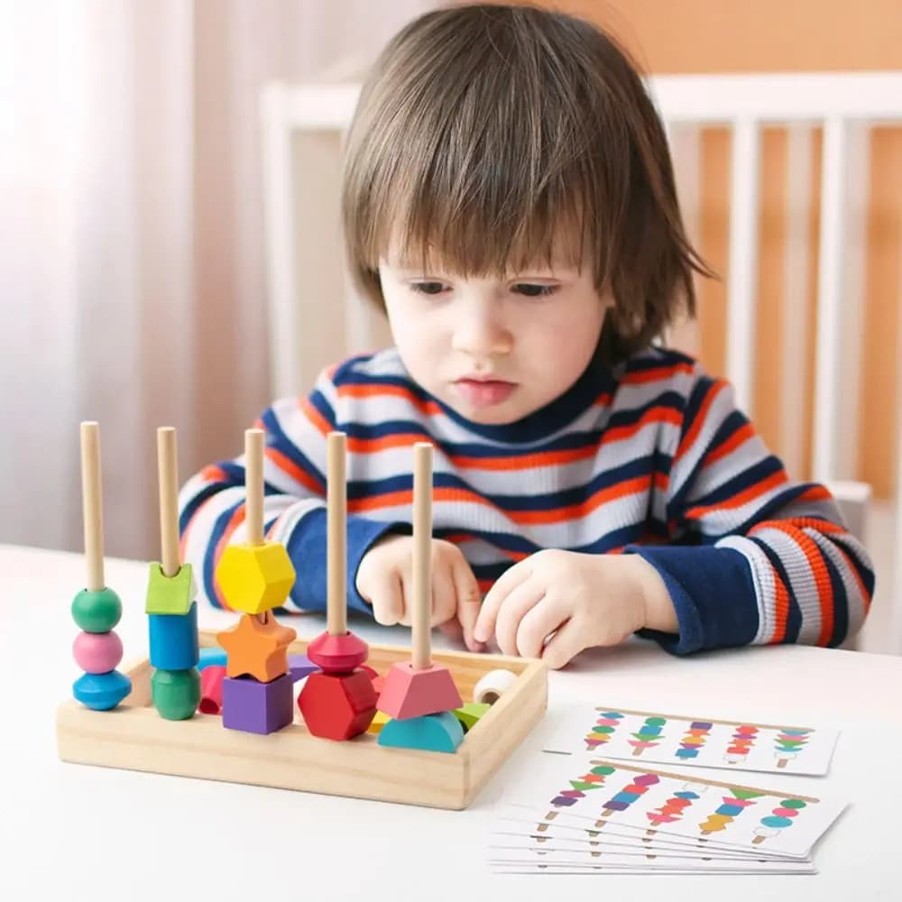 Gioco Interattivo Montessori per la Cognizione Geometrica dei Colori e delle Forme, Blocchi Impilabili, Puzzle, Perline in Legno Fai-da-Te per Infilare e Sequenziare