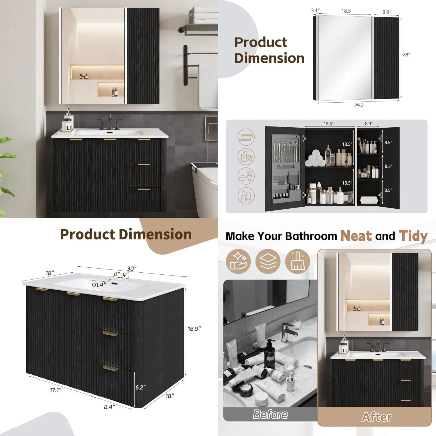 Mobile Bagno Sospeso da 30 Pollici con Lavabo, Specchio LED, 2 Cassetti, Armadietto Scanalato Nero, Personalizzabile