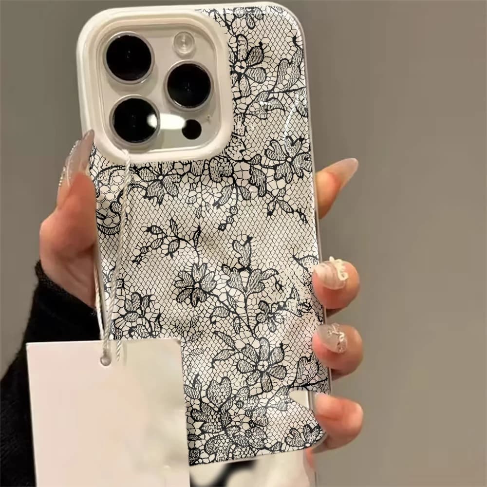 Black Lace Print Phone Case for iPhone 17 16 15 14 13 12 11 Pro Max 17 Air iPhone 16 15 14 Plus Shockproof Soft Silicone Cover