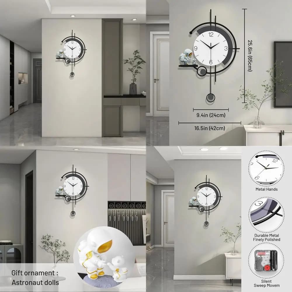 Orologio da Parete a Pendolo Silenzioso Moderno con Ornamento Astronauta per Arredamento Casa in Soggiorno, Sala da Pranzo, Cucina, Bagno e Camera da Letto