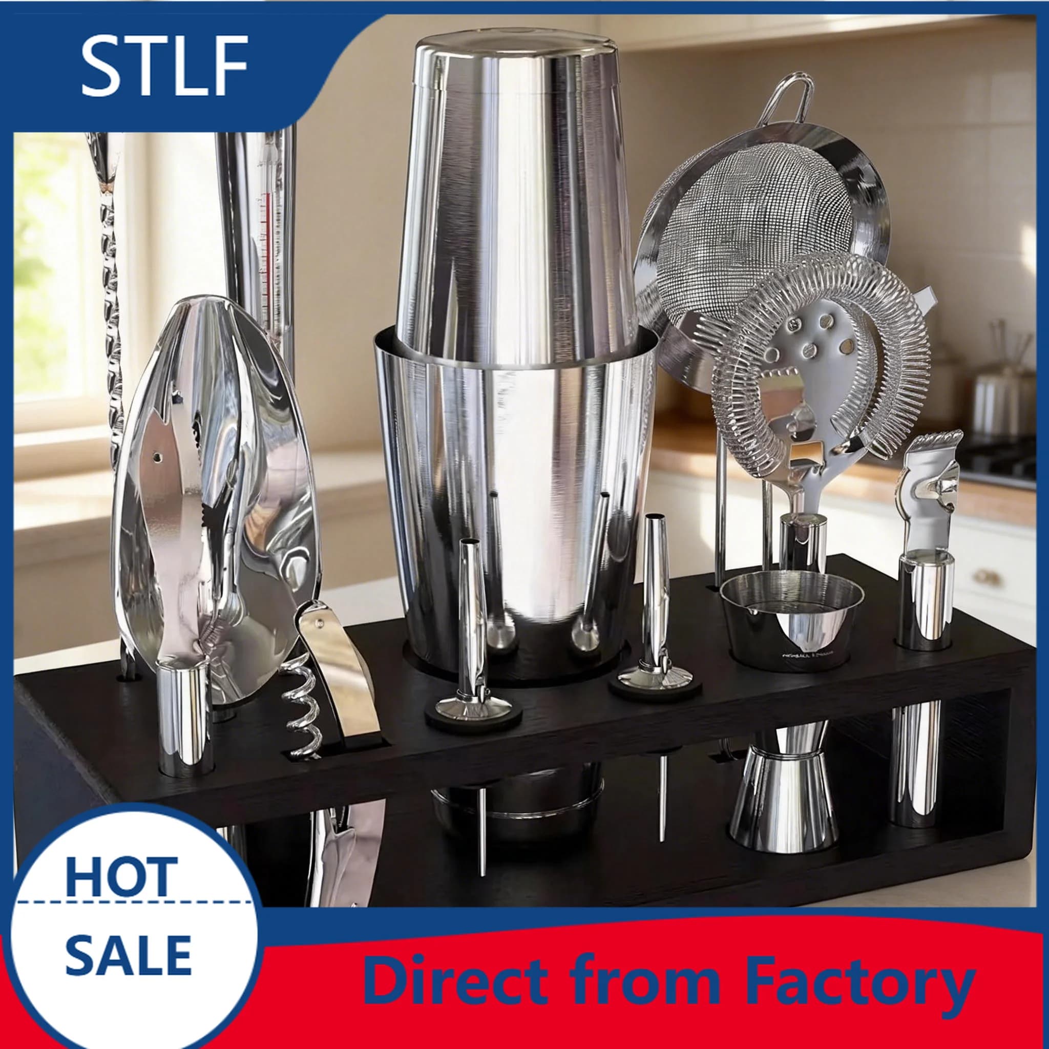 stllCamol 14-Piece Stainless Steel Mixology Bartender Kit Factory Boston Cocktail Shaker Set with Stand Barware Tools