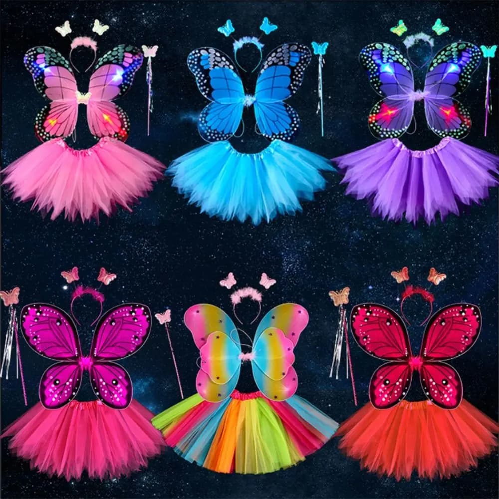 Bambini adulti 3/4 pezzi Costume da fata Set simulazione ali di farfalla gonna fascia bacchetta principessa ragazze partito vestire regalo di Halloween