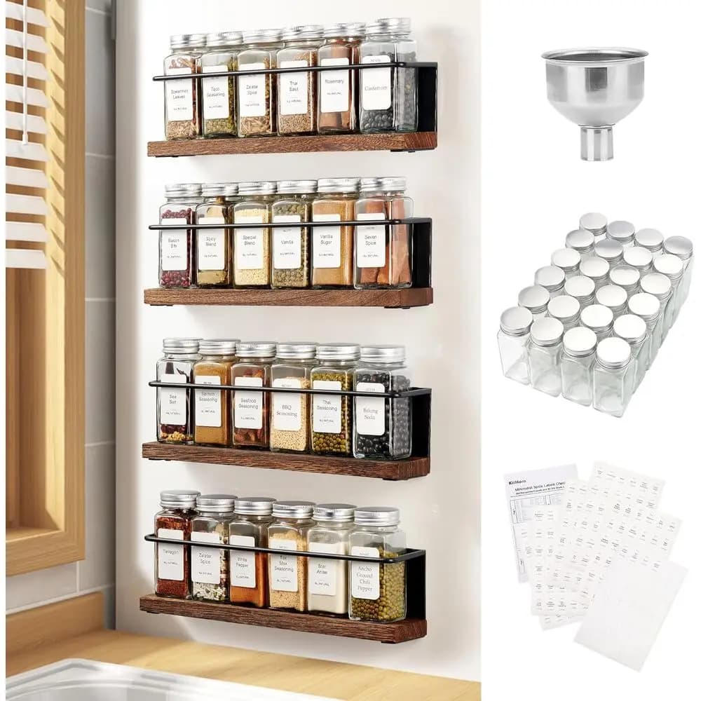 Magnetic Spice Rack with 24 Jars, 216 Labels, Steel Tunnel or Refrigerator, Microwave Oven - Full Set of Spice Organizer