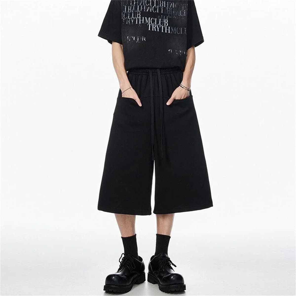 Pantaloncini Estivi Y2K Grunge Unisex Neri Bianchi con Coulisse in Vita Dettaglio Tasche Oversize Gamba Larga Hip Hop Palestra Tinta Unita per Ragazzo
