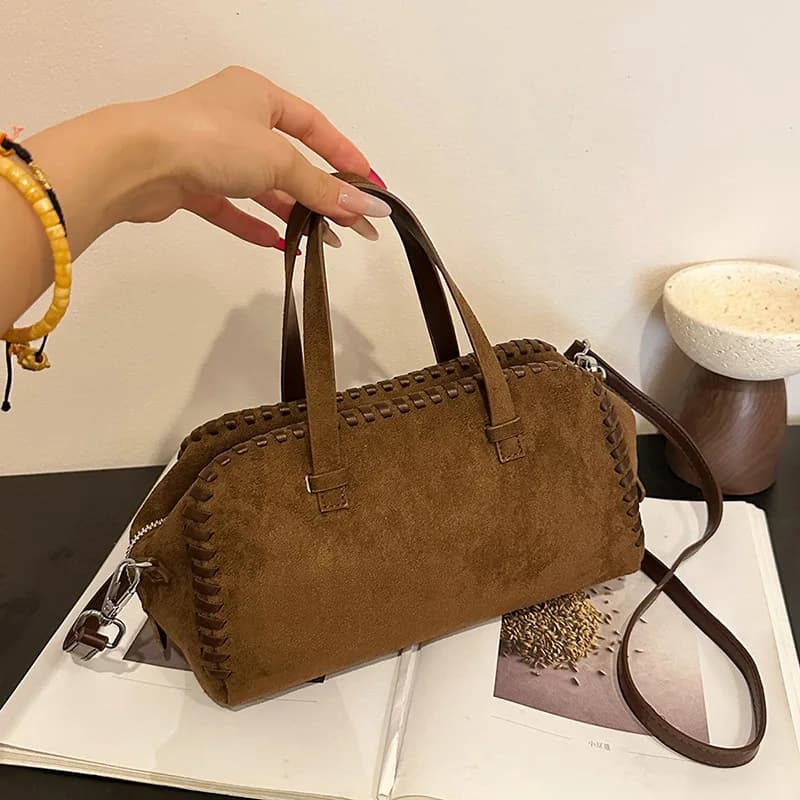 Frosted Faux Suede Boston Bowling Crossbody Shoulder Bag,Women Vintage Hand-Stitching Detail Handbag,Retro Commute Work Purse