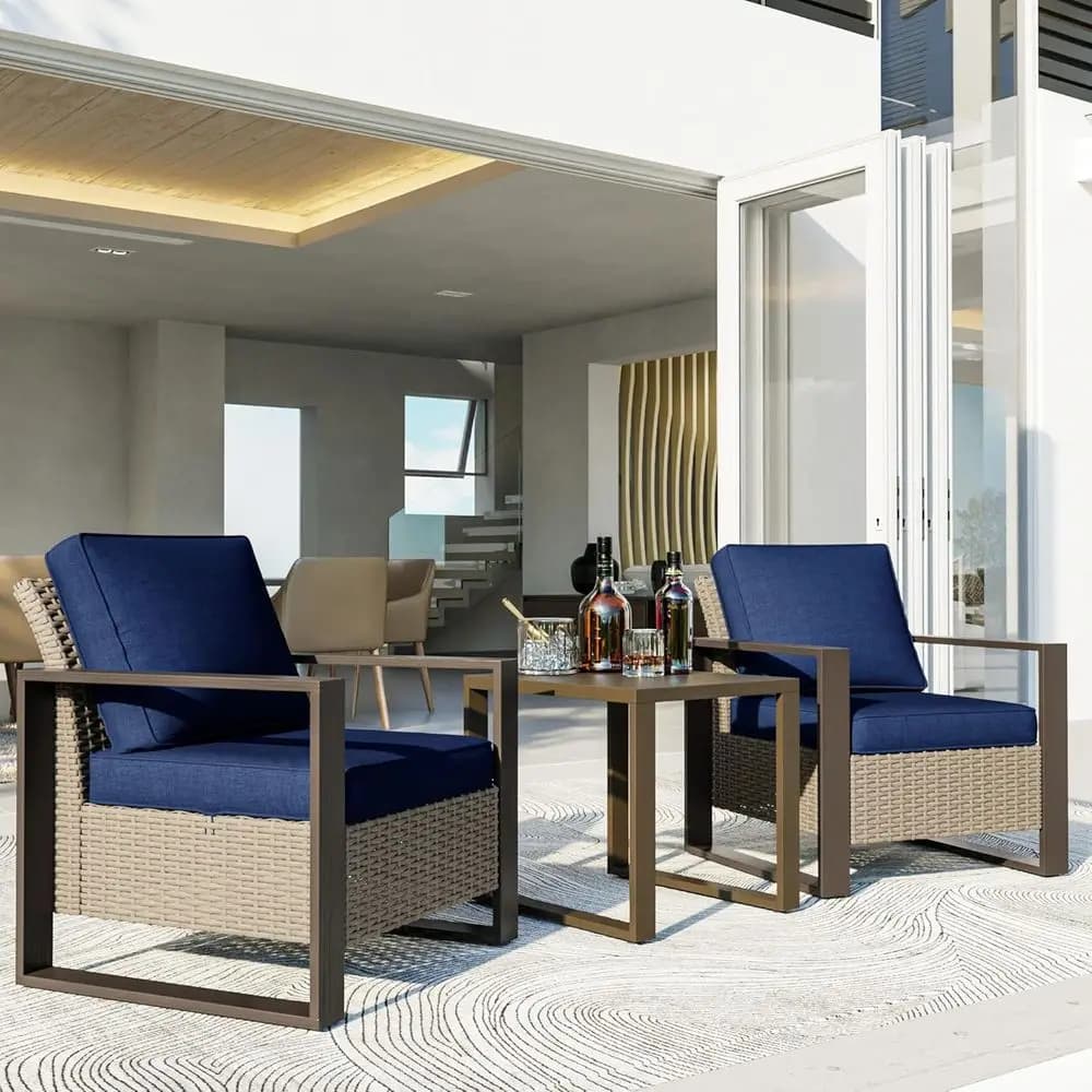 Set di 3 Sedie in Vimini da Esterno con Tavolino Laterale, Seduta Profonda, Cuscini Spessi, Ideale per Patio, Terrazza o Giardino (Blu)