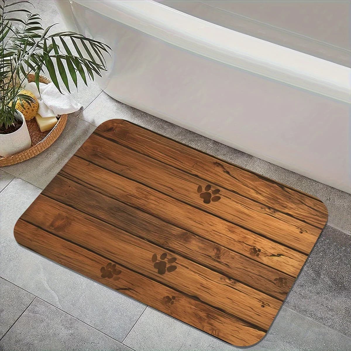 Wood Grain Paw Print Bath Mat Non Slip Rubber Backing Polyester Absorbent Quick Dry Machine Washable Oblong