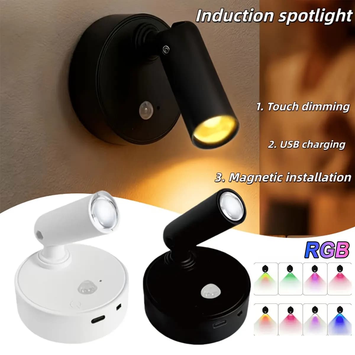 Lampada da Parete LED RGB Ricaricabile USB con Base Magnetica e Telecomando, Luce Notturna Dimmerabile con Interruttore Touch per Lettura
