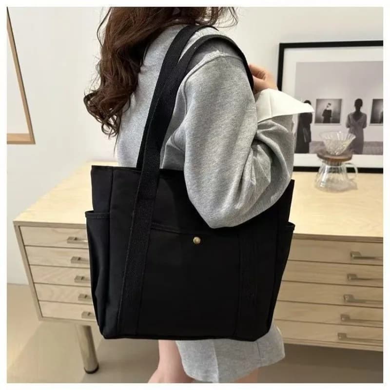 Canvas Women's Bag Large Capacity Multiple Outer Pocket Zipper Shoulder Bag Student Handbag Shopping