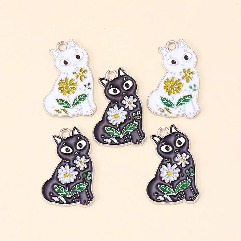 12Pcs Cartoon Flower Cat Charm Silver Color Enamel Pendant for Jewelry Making Cute Earring Necklace Accessories Diy Supplies