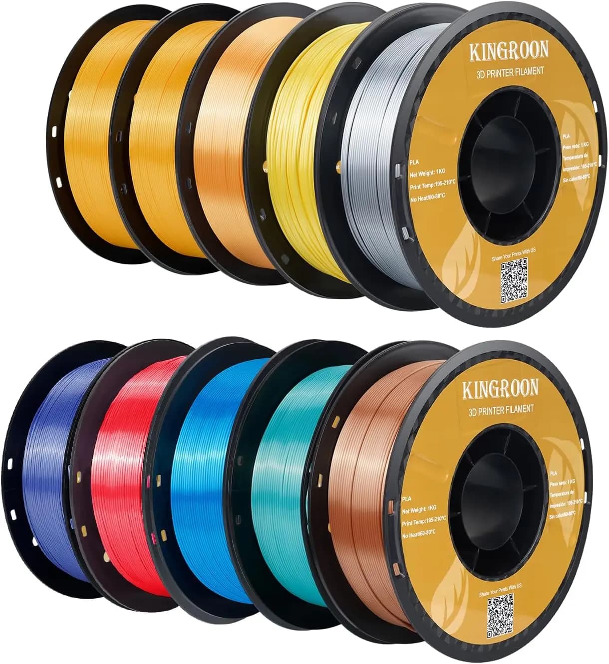 Filamento per Stampante 3D in PLA Seta, Precisione Dimensionale +/- 0,03 mm, Bobina da 10 kg (22 libbre), Filamento PLA Lucido 1,75 mm (2 Oro + Arancione)