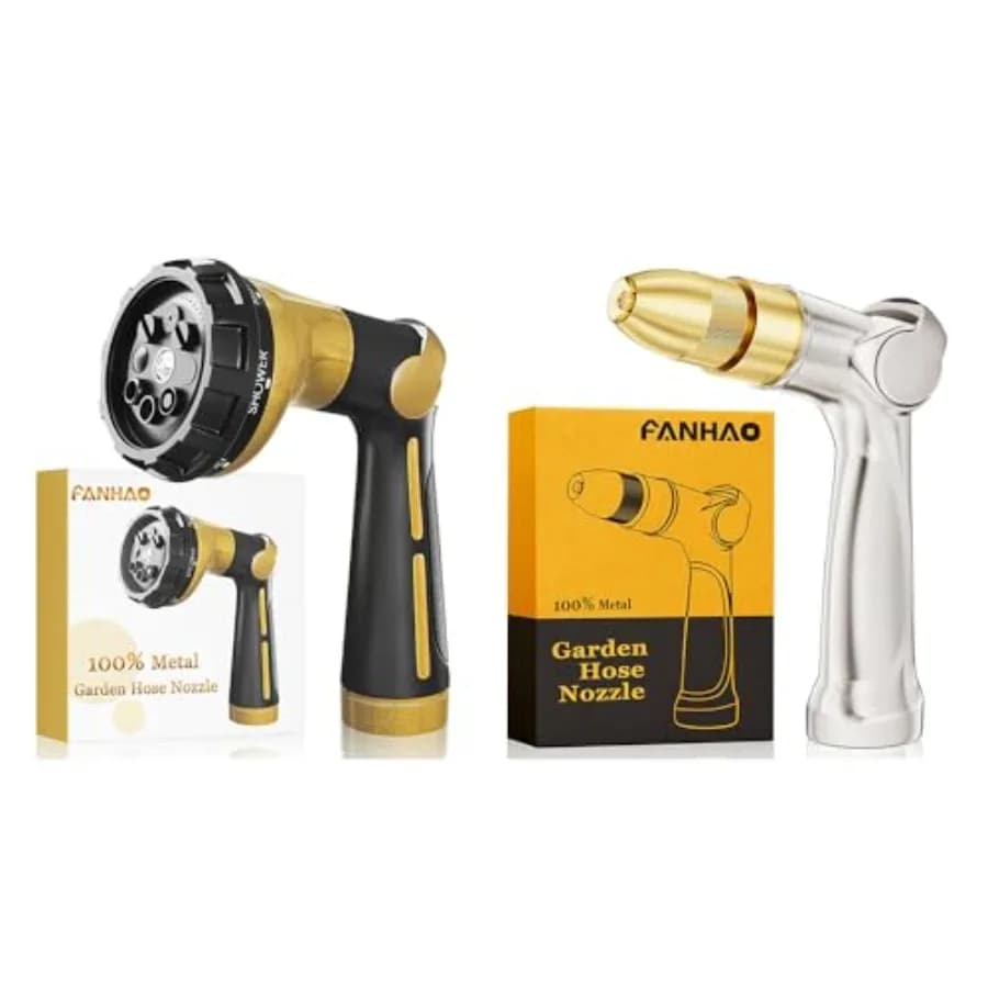 Garden pipe nozzle with thumb control and metal nozzle with brass tip for efficient water flow, durable stainless steel