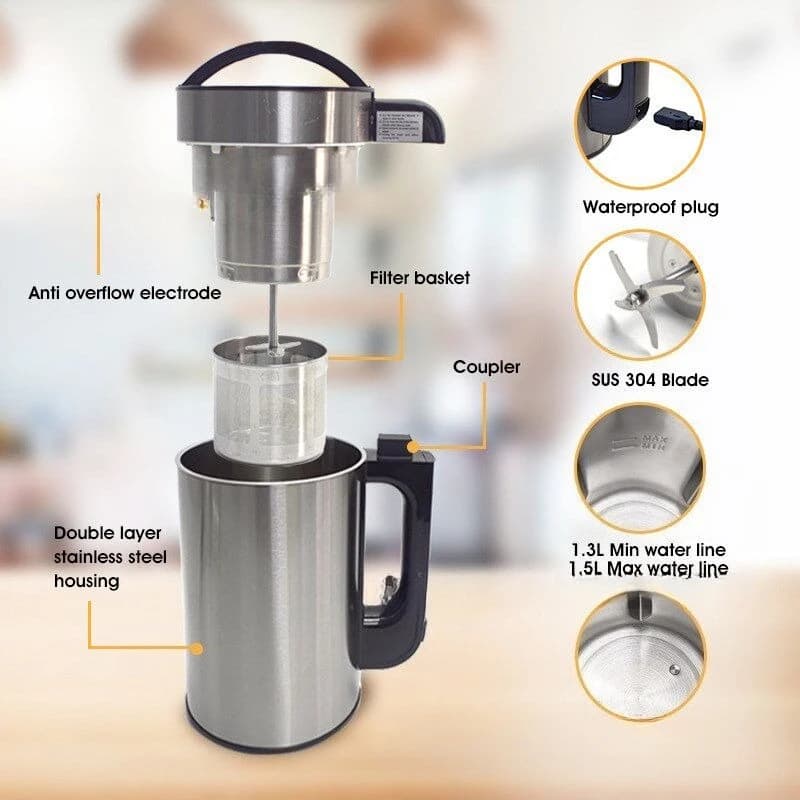 Automatic Soy Milk Maker Nut Milk Blender Household Commercial Use Stainless Steel Multi-Functional with Filter