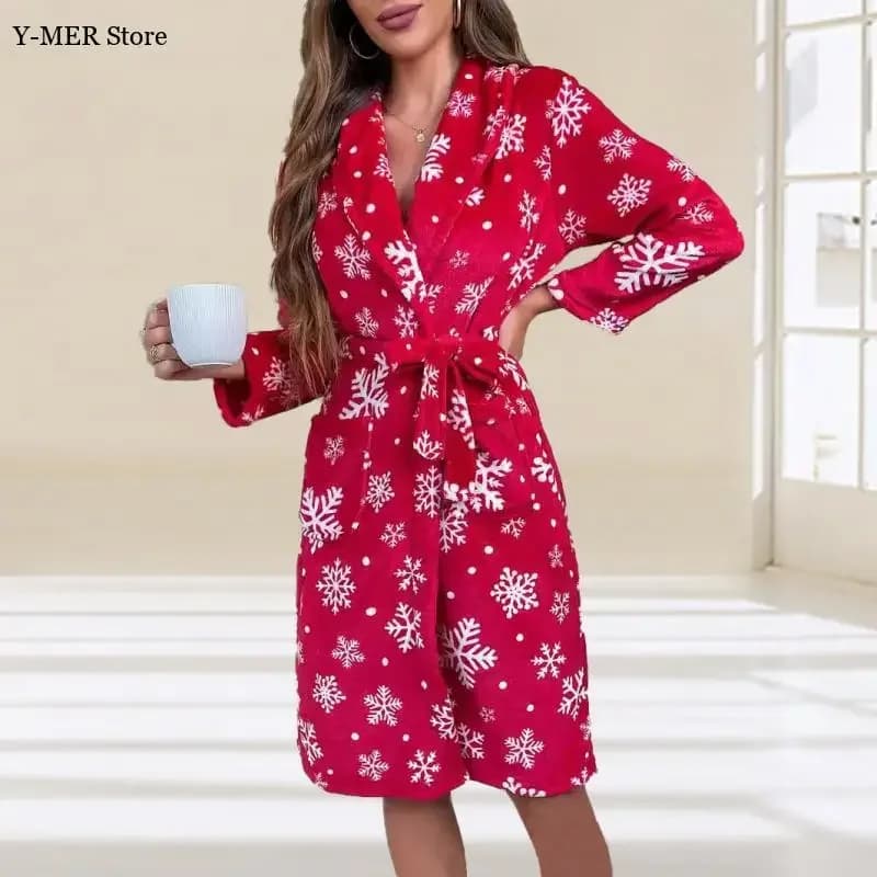 Kimono with snow print Hot Scottish bathrobe in flannel Long sleeve dress Underwear with pocket Nightwear for Christmas parties