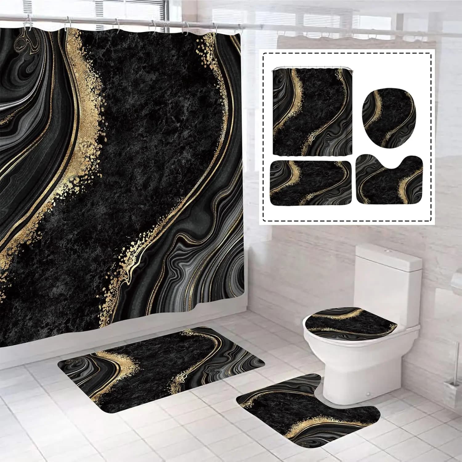 Set di 4 Pezzi di Lusso in Marmo per Doccia con Tappetino, Tappeto per Coperchio WC e Tappetino Sagomato in Nero