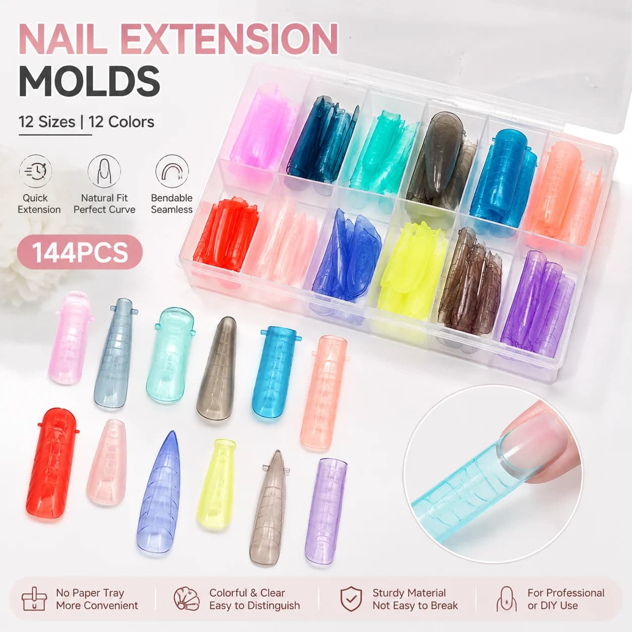 144PCS Multiple Acrylic False Nail Dual Form for Poly Extension Gel Extension Nail Molds Reusable Manicures Accessories Tool