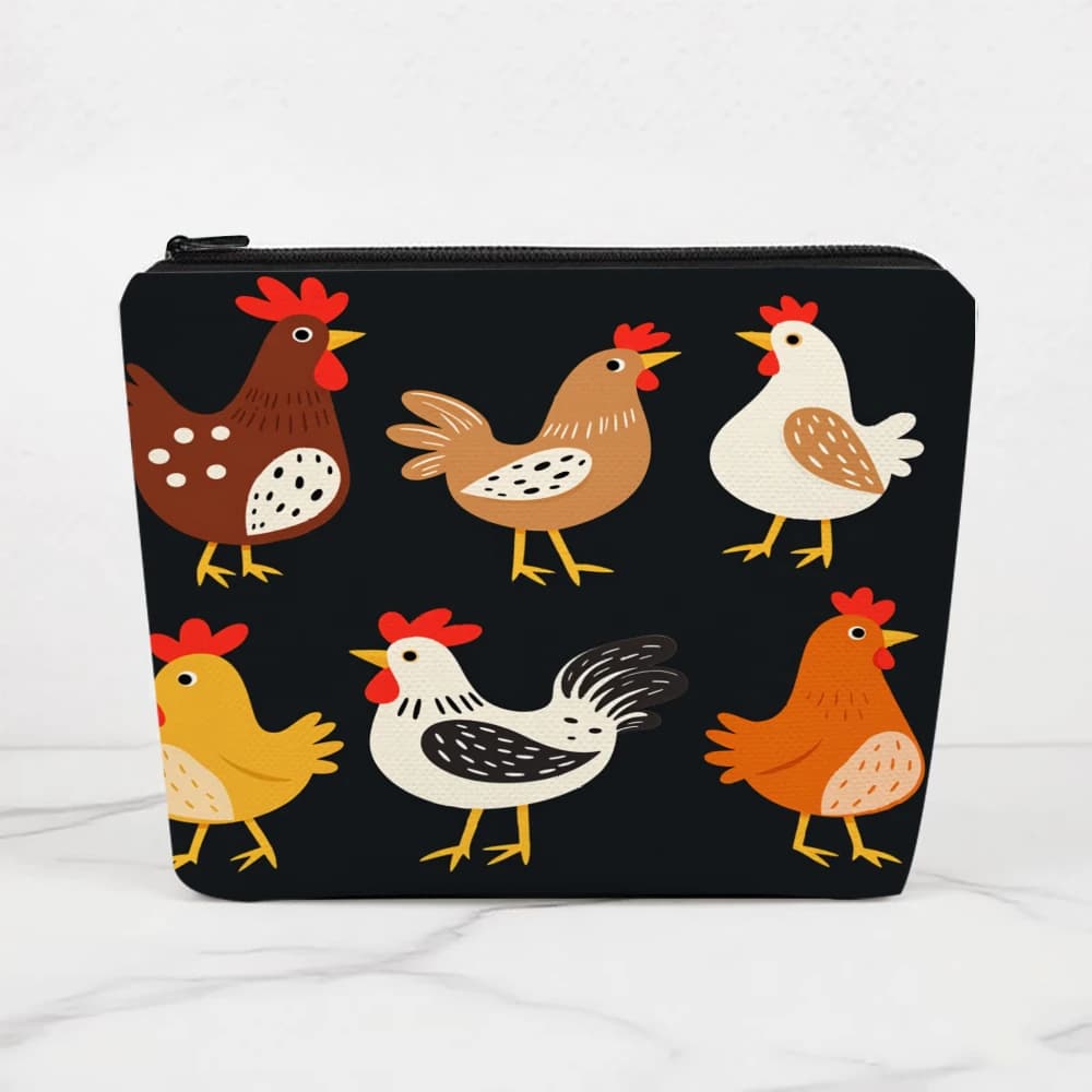 Borse per il trucco con polli colorati su sfondo nero per ragazze, borsa per cosmetici, borsa da toilette, astuccio per matite, custodia da viaggio