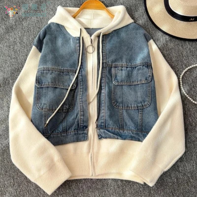Women's New Winter Hot jeans jacket thick patchwork irregular sweatshirt with hood in denim zipper high quality fashion retro