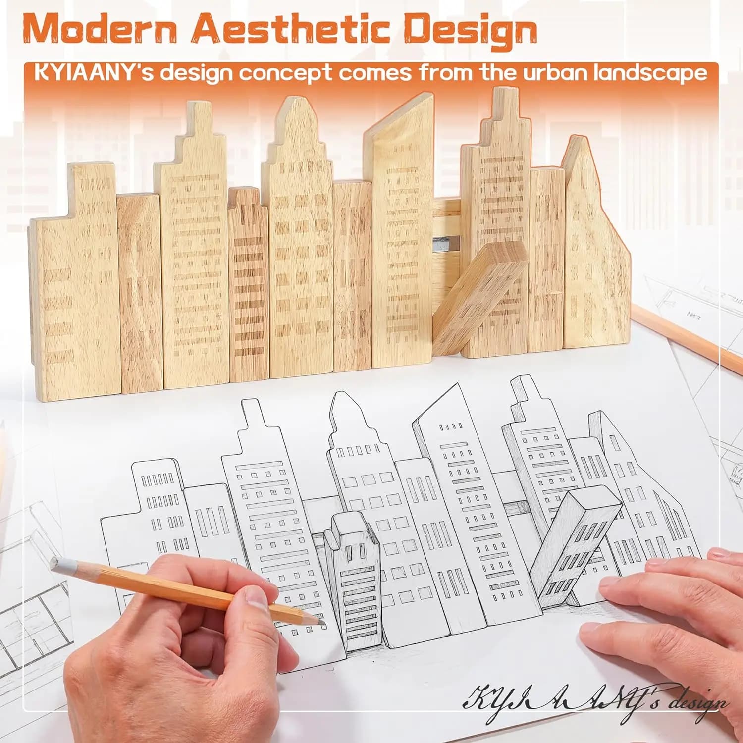 Appendiabiti Pieghevole Moderno: Ganci Decorativi in Legno da Parete, 5 Ganci, 16 Pollici, Design Skyline Urbano, per Piccoli Ingressi e Camere dei Bambini