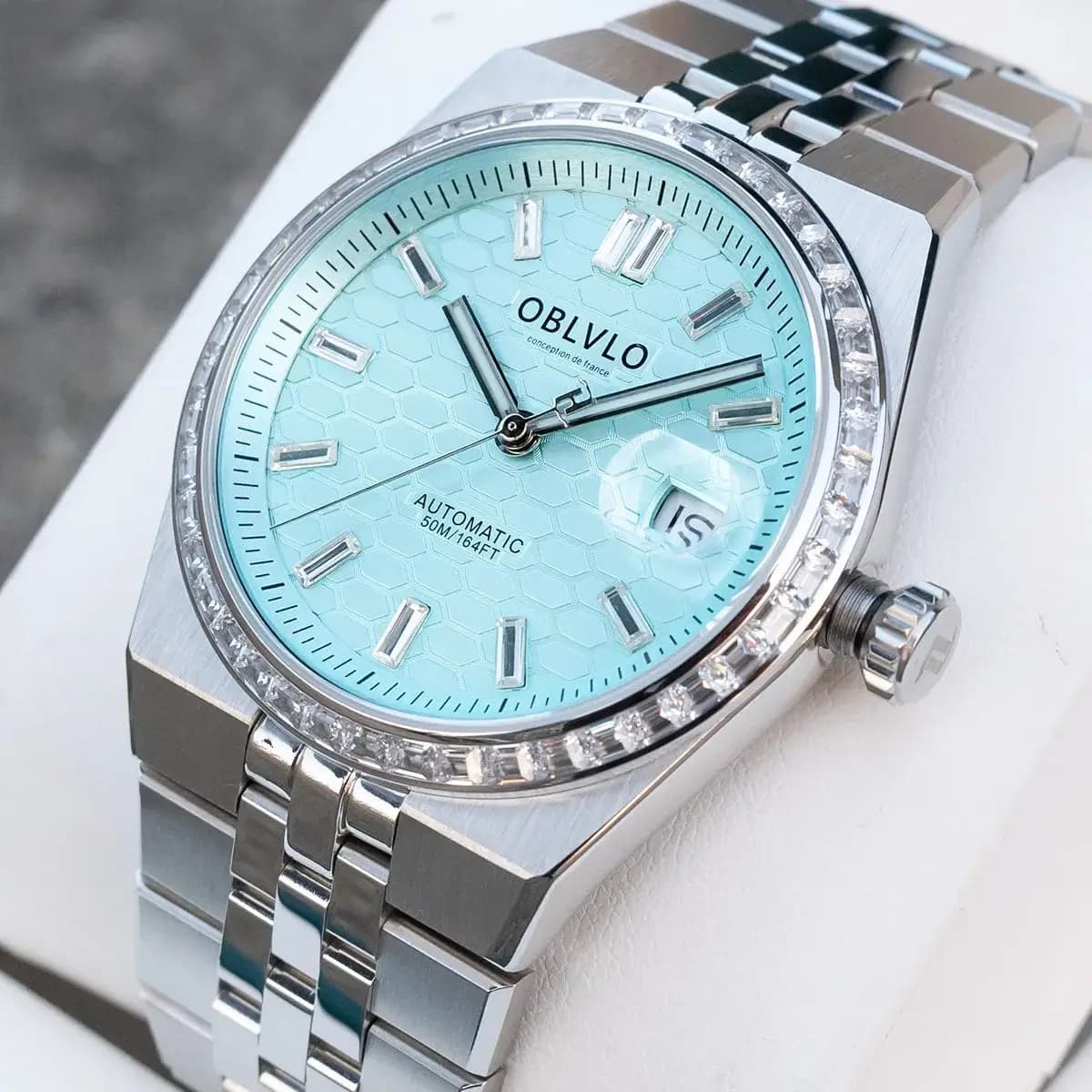 OBLVLO Men Automatic Watch 40mm Mechanical Wristwatch Waterproof Sapphire Luminous Miyota 8215 Crystal Bezel Honeycomb Dial