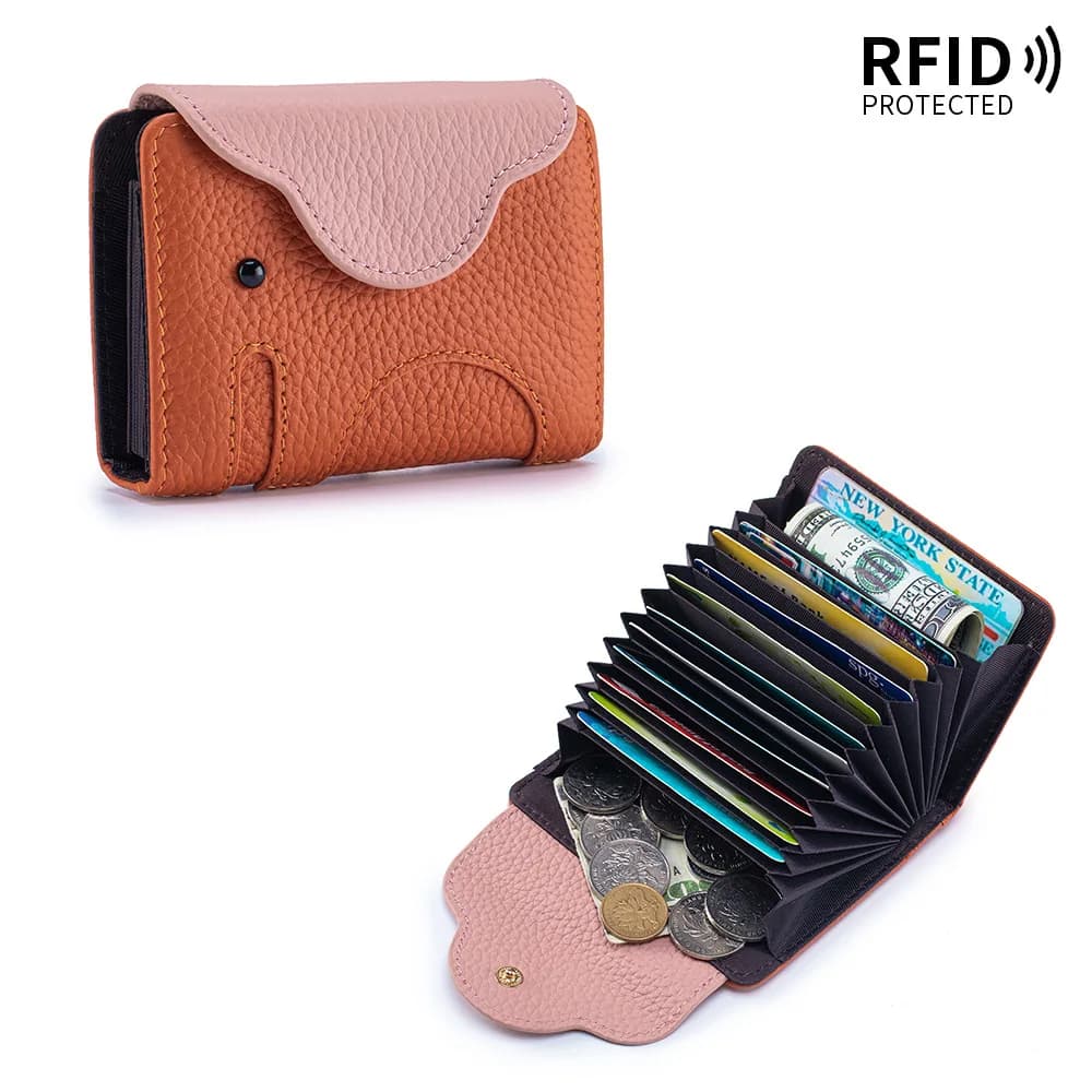 Portacarte in Vera Pelle con Protezione RFID Antifurto, Portafoglio a Fisarmonica con Simpatico Elefante, Organizer da Viaggio per Documenti e Carte di Credito