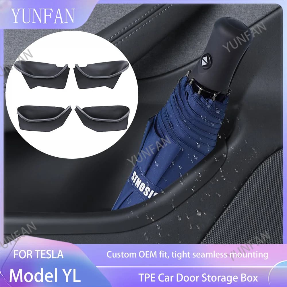 Fully Covered TPE Door Side Storage Tray Organizer For Tesla Model YL 2026 Front Rear Door Storage Box Car Door Pocket